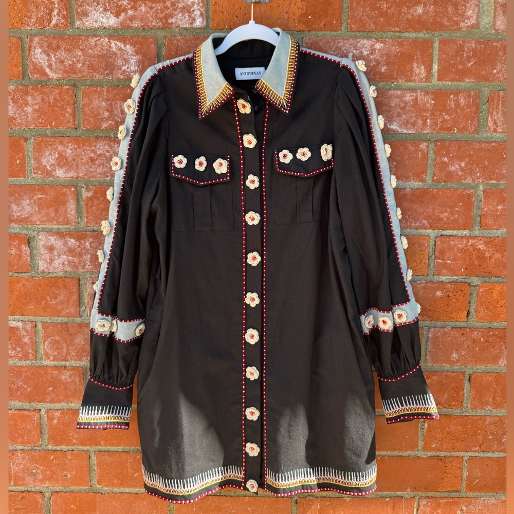 Antipodean Poppy Balloon sleeve navy embroidered dress